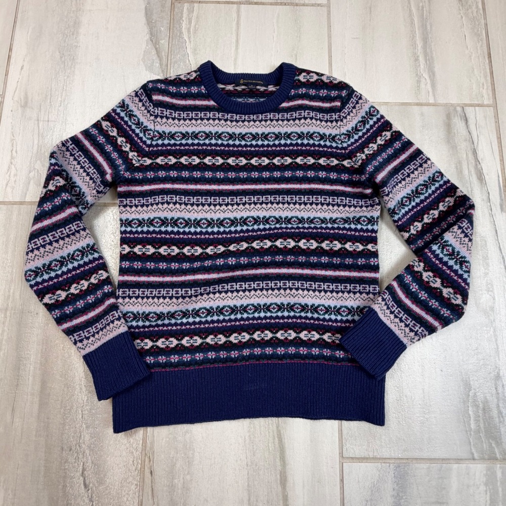 Brooks Brothers Womens Navy Pink Wool Blend Fair Isle Crew Neck Sweater Small